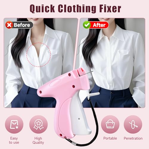 Image of Pink and White Stitch Gun for Clothes - Quick Stitch Sewing Gun for Clothing Fixer Includes 2000 Black Fasteners & 2000 White Fasteners with 6 Need