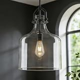 15'H Large Glass Pendant Light Fixtures with Clear Oversized Glass, Black Large Pendant Lights Kitchen Island Lighting, Farmhouse Modern Kitchen Pendant Lighting over Island Sink Dining Room Bathroom