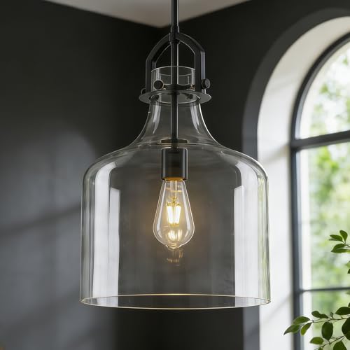 Large Glass Pendant Light Fixtures with 15"H Clear Oversized Glass, Black Large Pendant Lights Kitchen Island Lighting, Farmhouse Modern Kitchen Pendant Lighting over Island Sink Dining Room Bathroom