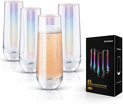 Gutsdoor Radiance White Pearl Luster Stemless Champagne Flutes Glasses Set of 4 (10 Ounce) Elegant All-Purpose Wine Drinking Glassware Beverage Cups for Water, Juice, Beer, Whiskey & Bar Decor