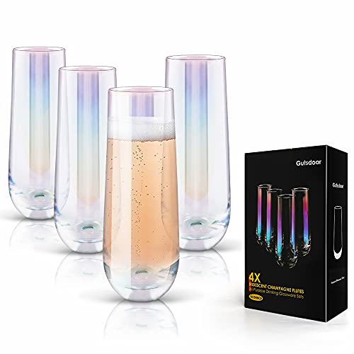 Gutsdoor Radiance White Pearl Luster Stemless Champagne Flutes Glasses Set of 4 (10 Ounce) Elegant All-Purpose Wine Drinking Glassware Beverage Cups for Water, Juice, Beer, Whiskey & Bar Decor