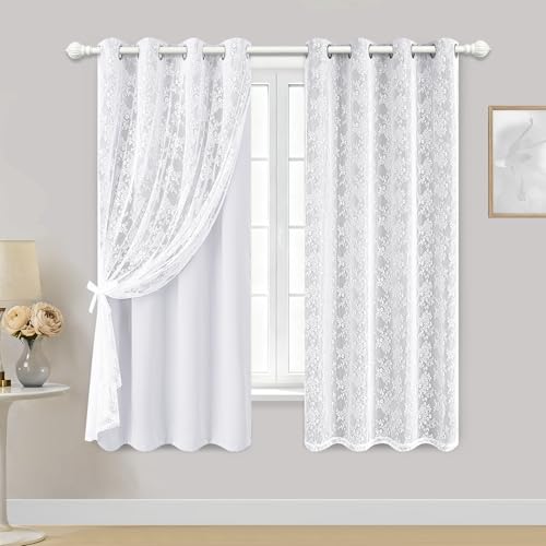 Image of Yinhua Blackout Curtains for Bedroom Double Layer Grey Curtains for Living Room 63 Inch Length 2 Panels Set Kid Curtain with Floral Sheer Overlay, Grommet Drapes with Tiebacks, 52 inch W x 63 inch L