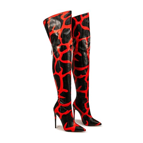 Image of Thigh high boots for women striped Back zipper Burgundy Zebra Print Over the knee Sexy gold white pointed toe Cow Print leopard Magenta stiletto heel