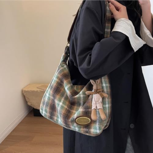 Image of Plaid Purses for Women - Wool Handbag with Pendant, Hobo Shoulder Bag and Tartan Fabric Clutch (Green)