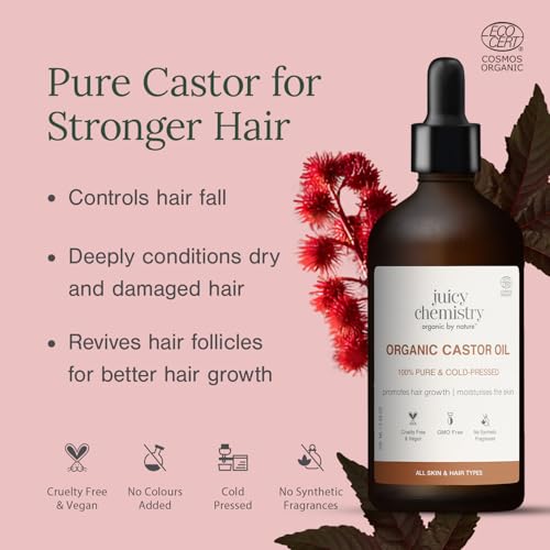 Juicy Chemistry Organic Castor Oil, 100 ml | 100% Pure, Virgin, Cold Pressed & Certified Organic Carrier Oil | Boost Hair Growth for Thicker, Fuller & Stronger Hair | For Eyebrows & Eyelashes Growth