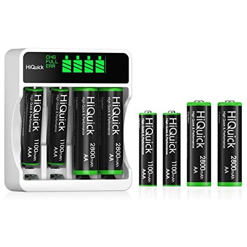 HiQuick 4-slot AA AAA LCD Battery Charger, Fast Charging Function, Type C and Micro USB Input, with 4 x 2800mAh AA and 4 x 1100mAh AAA NI-MH Rechargeable Batteries, Battery and Charger Set Cover