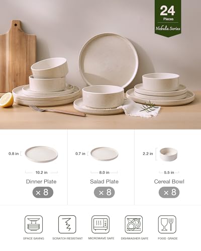Image of Famiware Nebula Plates and Bowls Set, 24 Pieces Dinnerware Sets, Dishes Set for 8, Creamy White with Colorful Speckles
