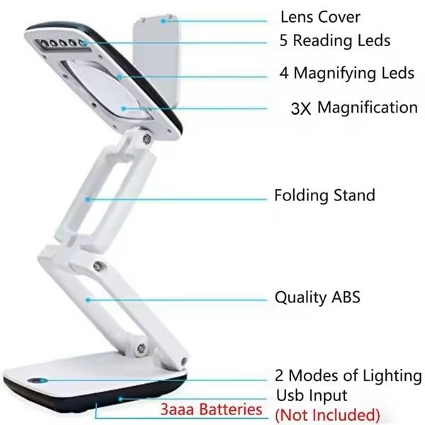 Lupa de bolsillo con luz LED para escritorio, lámpara de lupa 3X con soporte de luz