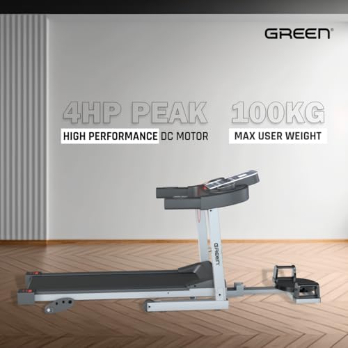Image of Green GT-400 PT Motorized Treadmill for Home Use | 4HP Peak DC Motor Running Machine | 100KG Max User Weight, 3.5 Inch LCD Screen, 12 Preset Programs, Handle Pulse Sensors and Wheels