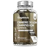 Lions Mane Champignon Gummies, 90 Gummies Vegan à l'Arôme Naturel de Framboise pour 3 Mois d'Approvisionnement, Extrait de poudre d'Hericium Erinaceus 10:1 Champignon Crinière de Lion