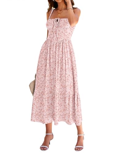 Image of Women's Casual Beach Vacation Dress with Pockets Flowy Aline Tiered Spaghetti Strap Lace Up Corset Midi Sundress for Summer