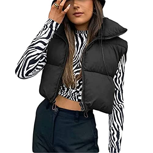 Yassiglia Chaleco de Mujer Chaqueta Corta sin Mangas Chaleco de Plumas sin Capucha Cuello Alto de Invierno, Acolchado, Ligero (Negro, Small) Cover