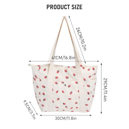 Torba ze sztruksu damska z wzorem truskawkowym, słodkie torby z truskawkami, torba na ramię, tote bag damska z materiału na co dzień i zakupy, duża torba shopper ze sztruksu na czas wolny i
