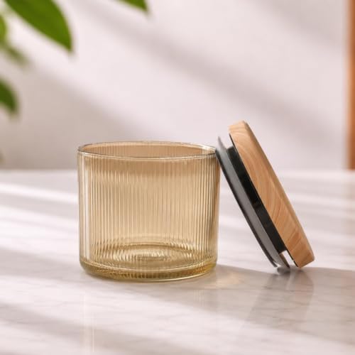 Image of Borosilicate Golden Ribbed Glass Storage Jar Set with Bamboo Tray, Set of 2 (500ml), Airtight Round Glass Containers with Bamboo Lids & Silicone Seal, Dry Fruit Storage Jars for Spices