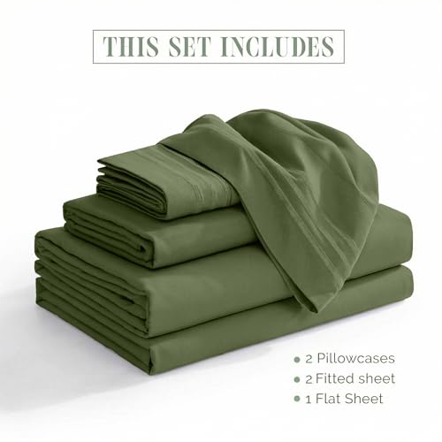 Image of Elegant Comfort Luxurious 1500 Premium Hotel Quality Microfiber Three Line Embroidered Softest 5-Piece Bed Sheet Set, Wrinkle and Fade Resistant, Split King, Sage-Green