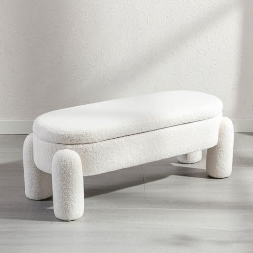 Ya-Home Banc de Rengement en Fausse Fourrure Bout du Lit Banquette de Stockage, Pieds Solides, Banc Salon Multifonction pour Entrée/Salon/Chambre, Blanc
