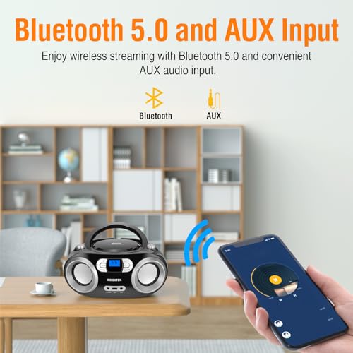 MEGATEK Leitor de CD estéreo portátil com rádio FM, Bluetooth, USB, entrada auxiliar e fone de ouvid