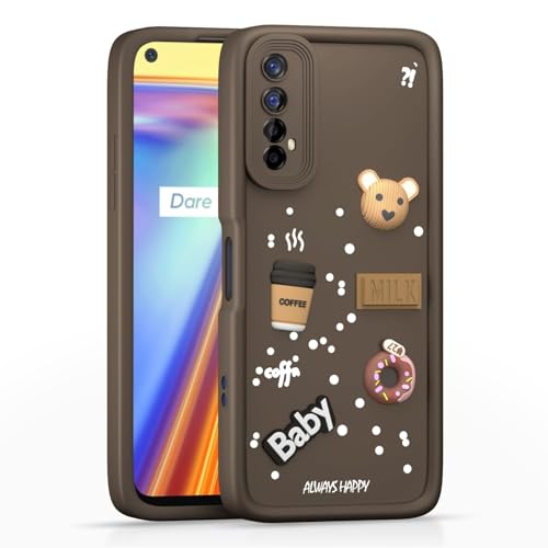 Image of Bintage Cute Fun Taddy Cartoon 3D Ball Milk Donut Coffee Cup Silicon Case Full Body & Camera Protection Back Cover Compatible for Realme Narzo 30 4G - Brown