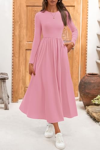 KIRUNDO Women Casual Long Sleeve Midi Dress 2026 Spring Wedding Guest Flowy Bohemian Modest Long Dresses with Pockets(Pink, X-Large) — view 4