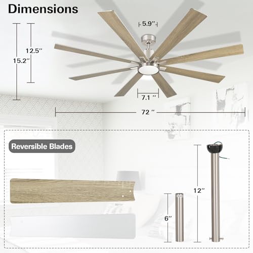 Hykolity 72 Inch Indoor Ceiling Fans With Lights And Remote Control,Quiet Indoor Reversible Dc Motor Ceiling Fan,8 Blades, Dimmable, 5Cct,6-Speed Ceiling Fan -Brushed Nickel thumb #4