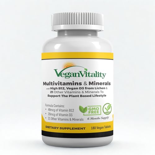 Vegan Vitality Multivitamins & Minerals for Women and Men with High Strength Vitamin B12, D3 & K2. 180 Vegan Multivitamin Tablets - 6 Months Supply. Vitamins for Vegans & Vegetarians