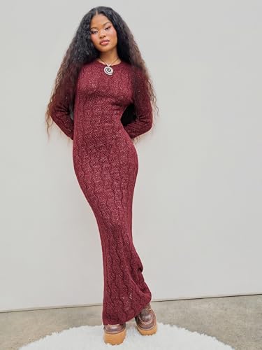 CIDER Burgundy Dress for Women Long Sweater Dresses Mesh Hollow Out Long Sleeve Crew Neck Maxi Winter Dress 20254
