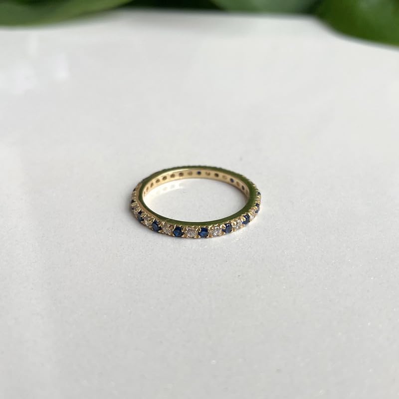 2 mm Wide Blue Sapphire & White Diamond Full Eternity Ring For Women, 14k Gold Finish Blue Sapphire Anniversary Wedding Band, Ladies Alternate Diamond Ring