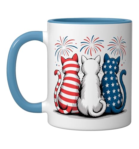 Taza cerámica patriótica con diseño gato USA azul/blanco miniatura 1