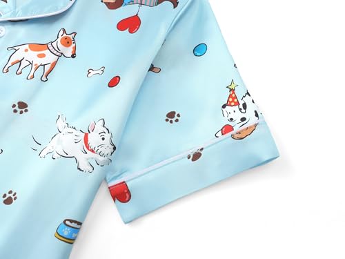 Tebbis Satin Pajamas for Girls-Cute Pink Silky Short-Sleeved Shorts Set with Adorable Puppy Prints Size 6/7-164