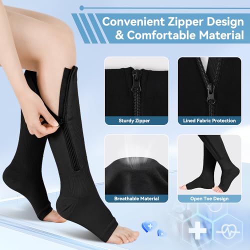 Image of Athbavib 2 Pairs Compression Socks for Women & Men with Zipper 15-20 mmhg, Wide Calf Open Toe Plus Size Compression Socks Men, Knee High Compression Stockings for Flying Nurses Pregnant Women Travel
