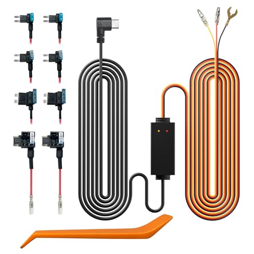 Kit de cablagem rígida multitamanho para Dashcam REDTIGER com indicador de luz dupla, conexão de alimentação USB-C, inclui 4 tipos de adaptadores de fusíveis, monitorização de estacionamento 24 horas