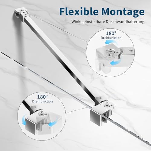 SVNR 50 cm Duschwand Halterung mit 180° Flexibel Drehbarem Winkel, Stabilisierungsstange Dusche für Glasdicke 6-10 mm, Drehbar Edelstahl-Haltestange für Duschwände, Edelstahl Chrom Optik, Rechteckig