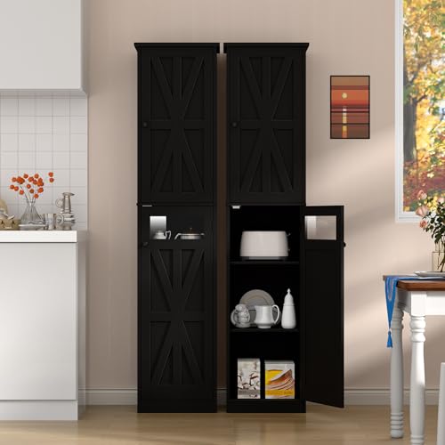 Image of Halitaa Tall Narrow Bathroom Storage Cabinet, Slim Bathroom Cabinet with Adjustable Shelves and 2 Doors, Farmhouse Freestanding Floor Storage for Small Spaces, Bathroom, Kitchen, Living Room, Black