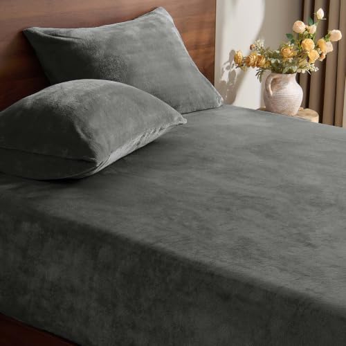 Image of BEDELITE Flannel Full Fitted Sheet & Pillowcases Set, Dark Grey, 3 Pieces | Ultra Soft Plush Fleece Bed Sheet with Elastic Corner Straps, 16 Inch Deep Pocket, Fuzzy All-Season Gift & Room Decor