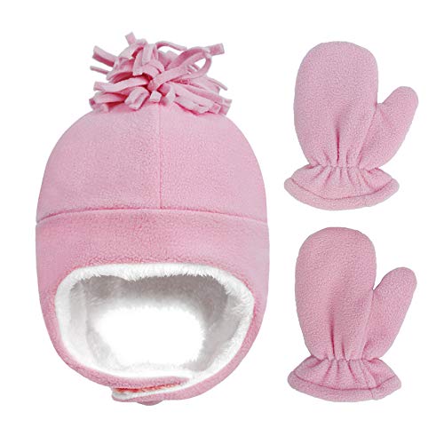 Kids Toddler Winter Fleece Hats Gloves Set Thermal Sherpa Lined Earflap Cap Snow Trapper Pom Hat Beanie for Boy Girl 4-8Y