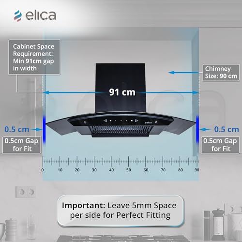 Image of Elica 90cm 1500 m3 /hr Filterless Autoclean Kitchen Chimney with 15 Years Motor Warranty & 5 Years Comprehensive (CURVE FL 900 HAC LTW MS NERO), Black