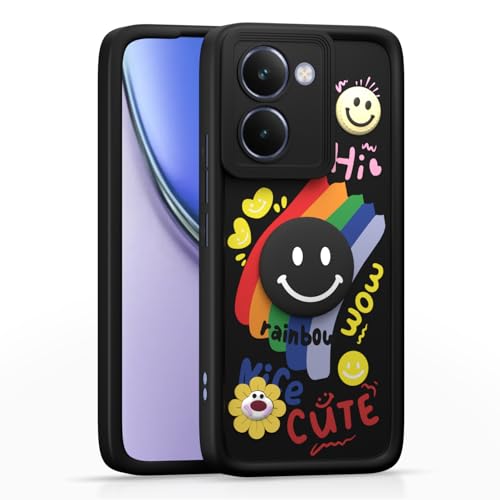 Image of Pikkme Back Cover for Realme P3 Ultra 5G | Soft Silicone| Cute Rainbow Smile & 3D Cartoon Flower Design | Shockproof Raised Camera Protection Bumper Case (Black)