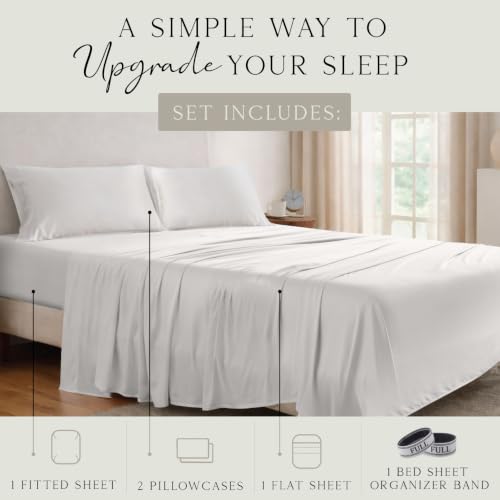 Image of KARISSA MAE Luxury Bamboo Viscose Full Size Sheet Set | FSC Certified | Cooling | Ultra Soft | 18 inch Deep Pockets | Elastic Corner Straps | Includes Organizer Band [Cream]