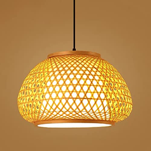 Lámpara colgante de bambú hecha a mano con tejido de bambú recortado con pantalla de PVC Lámpara de techo de bambú Lámpara de techo para comedor, sala de estar, 13.9 " Cover