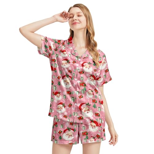 Image of Funny Satin Pajamas Set for Women Button Down Sleepwear Print Pjs Set 2 Piece Short Sleeve Loungewear Gift for Women