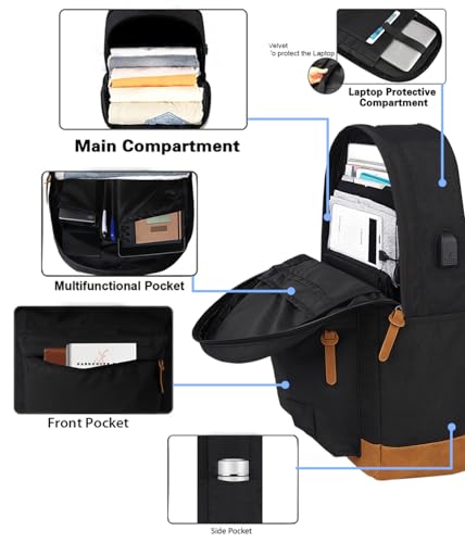 KOPHLY Großer Handgepäck Reise Laptop Rucksack für Damen und Herren, Schulrucksack, Klassischer Rucksack für Uni, Arbeit, Reiserucksäcke(Schwarz, 18 inches)