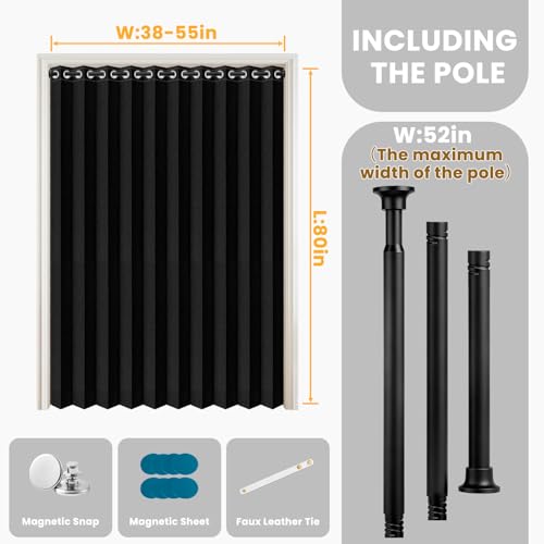 Image of AJAZZ Blackout Accordion Door with Curtain Rods 39-52 in Length, Invisible Folding Doors Interior Magnetic Door Curtain for Bedroom Doorway Curtain Set, 1 Panel, W55 x L80 in, Black