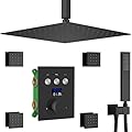WHSHOWER Shower Faucet System Matte Black Ceiling Mount 12 Inch Full Body Shower Head Set With 4PCS Body Spray Jet Three Function Shower Mixer Set, Can Work Together