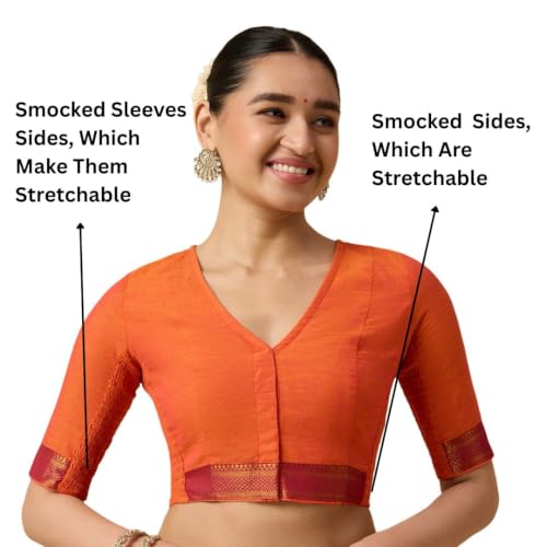 Image of Studio Shringaar Women's Handloom Cotton Stretchable (Smocked) Saree Blouse with Temple Zari Border