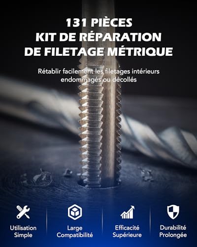 Orion Motor Tech Kit de Réparation de Filetage, 131 Pièces M5 M6 M8 M10 M12 Métrique, Helicoil Inserts INOX. 304, Tarauds et Mèches pour Aluminium Acier, Bleu – vue 2