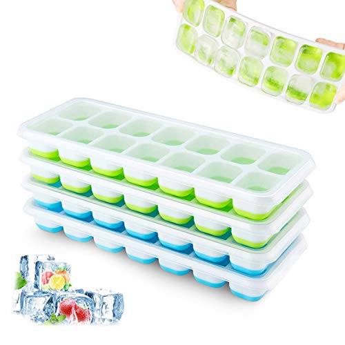 IJsblokjesvorm, set van 4 ijsblokjesvormen van siliconen met deksel, ruimtebesparend en stapelbaar, LFGB-gecertificeerd en BPA-vrij, vierkante ijsblokjesvormen eenvoudig uit te nemen, blauw/groen