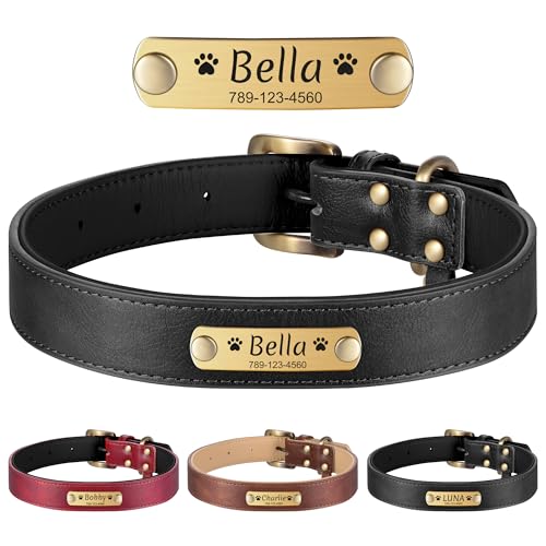 YEHANTI Hundehalsband Personalisiert, Verstellbares Hundehalsband für Welpen Kleine Mittel Große Hunde, Hunde Halsbänder aus Leder, Langlebig Halsband Hund mit Name und Telefonnummer, Schwarz