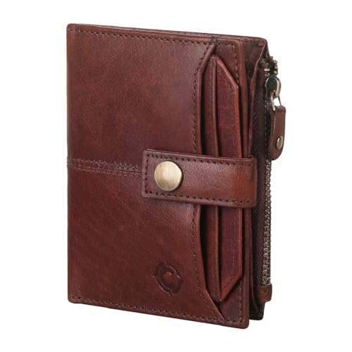 Image of Zipper Genuine Leather Wallet for Men, RFID Safe Full Grain Leather Handcrafted Front Pocket with Detachable Cardholder (Brown Oil Pull-UP)