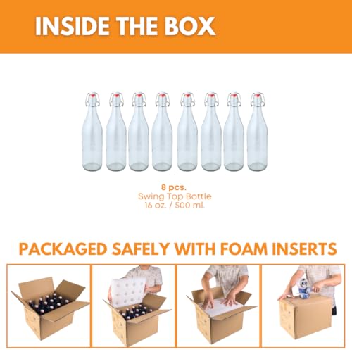 FastRack Swing Top Glass Bottles |16 oz – Pack of 8 | Clear, Flip Top Glass Bottles for Home Brewing, Carbonated Drinks, Kombucha, Fermentation, Water | Food Grade – ECO Friendly
