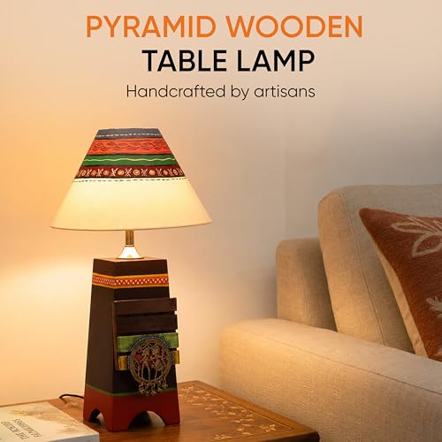 Image of AAKRITI ART CREATIONS Pyramid Wooden Table Lamp in Brown with Brass Motifs & Tribal Paintings with White Shade | Madhubani Art | Multi Color Wooden Lamp | Matte Finish Home Decor Lamp